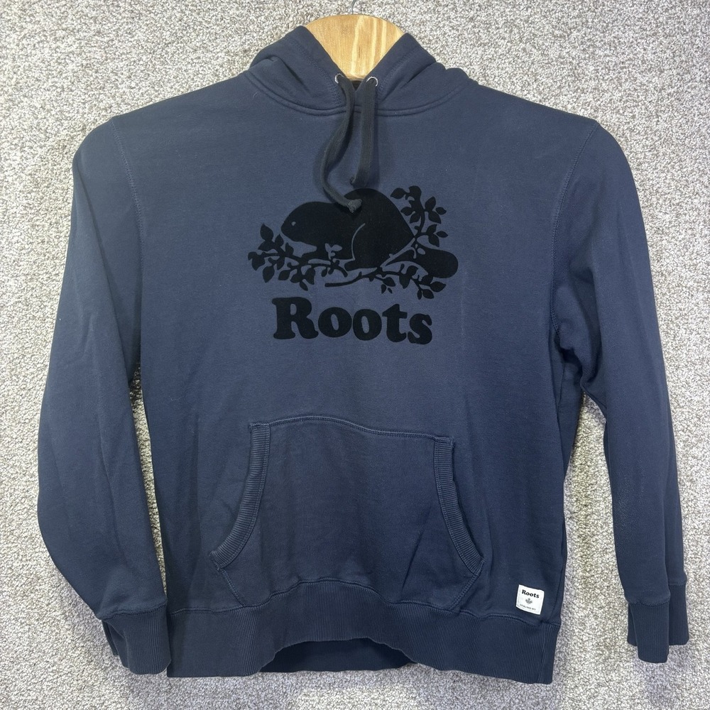 Roots Hoodie Mens Large Blue Fleece Pullover Beaver Kangaroo Sweatshirt